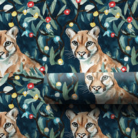 Christmas Mountain Lion Gift Wrap, Watercolor Cougar Wrapping Paper, Holiday Wildlife Present Wrap, Winter Forest Christmas Wrapping Paper