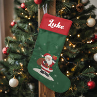 Personalized Coastal Holiday Stocking, Surfing Santa Christmas Stocking, Custom Name Christmas Stocking, Tropical Beach Christmas Stocking