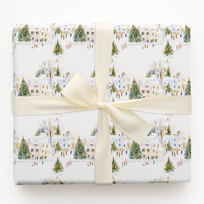 Watercolor Winter Wonderland Gift Wrap, Snowy Village Christmas Wrapping Paper, Holiday Village Wrapping Paper, Festive Gift Wrap Roll