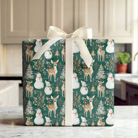 Vintage Christmas Gift Wrap, Woodland Deer Snowman Wrapping Paper, Forest Green Holiday Wrapping Paper, Rustic Winter Gift Wrap Roll