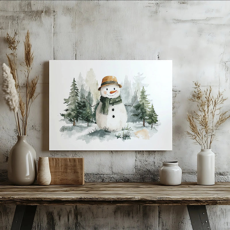 Winter Forest Canvas Print, Watercolor Snowman Canvas Wall Art, Snowy Pine Tree Canvas, Rustic Holiday Wall Decor, Christmas Home Present