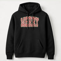 Retro Checkered Holiday Hoodie, Merry Christmas Hoodie, Red Text Winter Christmas Hoodie, Comfy Graphic Hooded Sweatshirt, Xmas Present for Her
