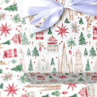Watercolor Travel Wrapping Paper, World Landmarks Christmas Wrapping Paper, Festive Reindeer Gift Wrap, Global Winter Holiday Wrapping Paper