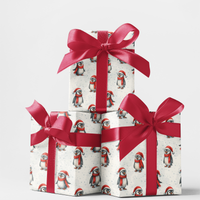 Santa Hat Penguin Gift Wrap, Christmas Penguin Wrapping Paper, Winter Holiday Wrapping Paper, Whimsical Snow Gift Wrap, Xmas Wrapping Paper