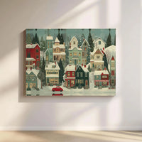 Comfy Winter Snow Scene Red Car Canvas Art, Christmas Village Canvas Print, Holiday Season Wall Art, Rustic Xmas Decor, Winter Canvas Present