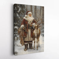 Snowy Forest Reindeer Canvas Wall Art, Vintage Santa Claus Canvas Print, Rustic Christmas Canvas Decor, Holiday Season Fine Art Present
