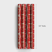 Red Gold Christmas Gift Wrap, Retro Winter Cityscape Wrapping Paper, Holiday City Scene Wrapping Paper, Festive Present Gift Wrap Roll
