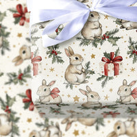 Watercolor Rabbit Gift Wrap, Bunny Christmas Wrapping Paper, Woodland Animal Wrapping Paper, Holiday Holly Gift Wrap, Xmas Present Roll