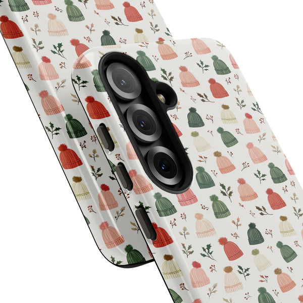 Festive Holly Berry Pattern Phone Case, Winter Knitted Hat Samsung Galaxy Case, Dual Layer Tough Holiday Phone Cover, Christm