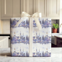 Snowy Ice Skating Park Gift Wrap, New York City Wrapping Paper, NYC Skyline Christmas Wrapping Paper, Watercolor Winter City Holiday Paper