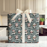 Santa Hat Teal Gift Wrap, Watercolor Panda Christmas Wrapping Paper, Adorable Winter Panda Wrapping Paper, Holiday Animal Present Paper