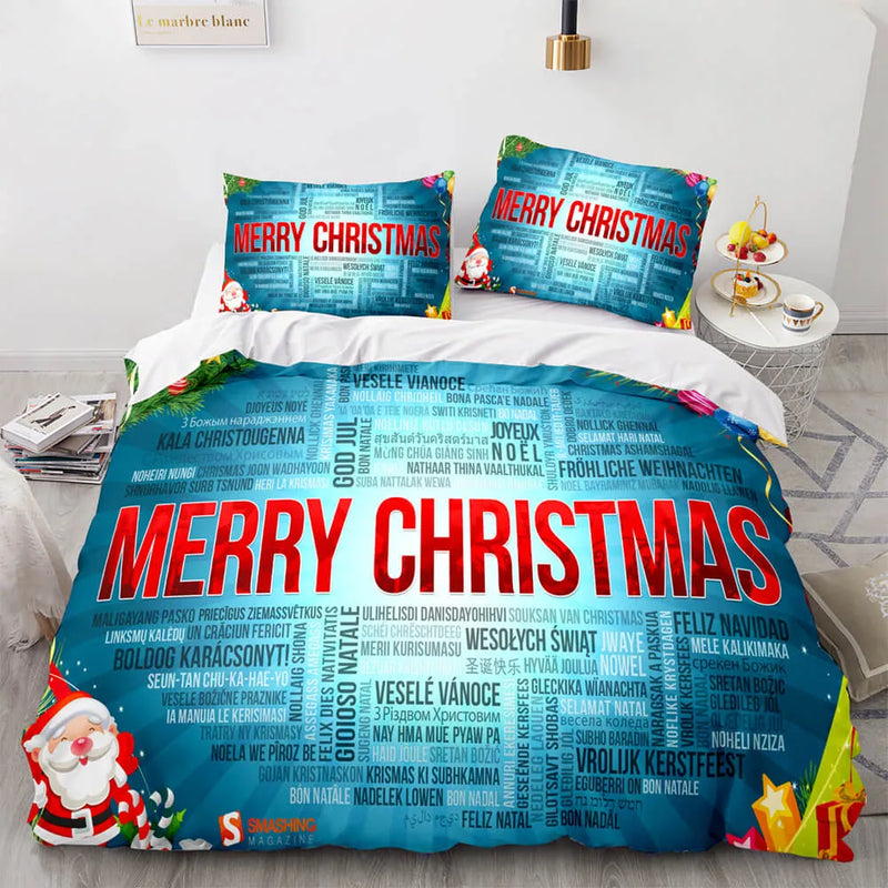 Typography Christmas Bedding Set, Merry Christmas Script Duvet Cover Set, Multi Language Xmas Duvet Cover, Festive Holiday Bedroom Bed Set