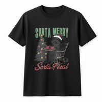 Humorous Christmas Animal Graphic Tee, Sorta Merry Sorta Feral Raccoon T-Shirt, Sarcastic Raccoon Shirt, Holiday Winter Trash Panda T-Shirt