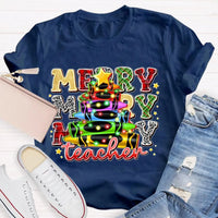 Colored Pencil Tree Holiday Graphic Tee, Christmas Teacher T-Shirt, Festive Teacher Shirt, Winter Break Elementary Educator Apparel