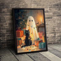 Whimsical Christmas Lights Printable Wall Art, Ghost and Black Cat Digital Download, Spooky Holiday Canvas Print, Comfy Winter Decor Poster