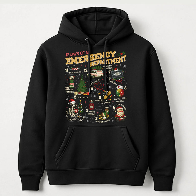 Humorous ER Nurse Christmas Hoodie, 12 Days of Emergency Department Hoodie, Medical Staff Holiday Hooded Sweatshirt, ER Doctor Hospital Hoodie