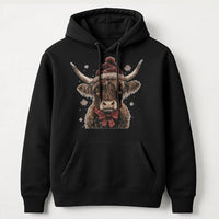 Western Santa Hat Cow Sweatshirt, Christmas Highland Cow Hoodie, Adorable Holiday Cow Hooded Pullover, Festive Winter Cow Graphic Hoodie