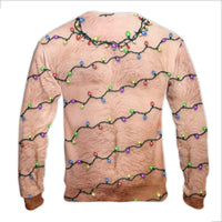 Realistic Fake Body Print Fleece Pullover, Hairy Chest Christmas Lights Ugly Sweater, Humorous Holiday Gag Present Party Sweatshirt