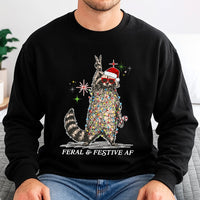 Humorous Christmas Lights Raccoon Sweater, Feral and Festive AF Raccoon Sweatshirt, Retro Raccoon Holiday Crewneck, Adorable Animal Xmas Pullover