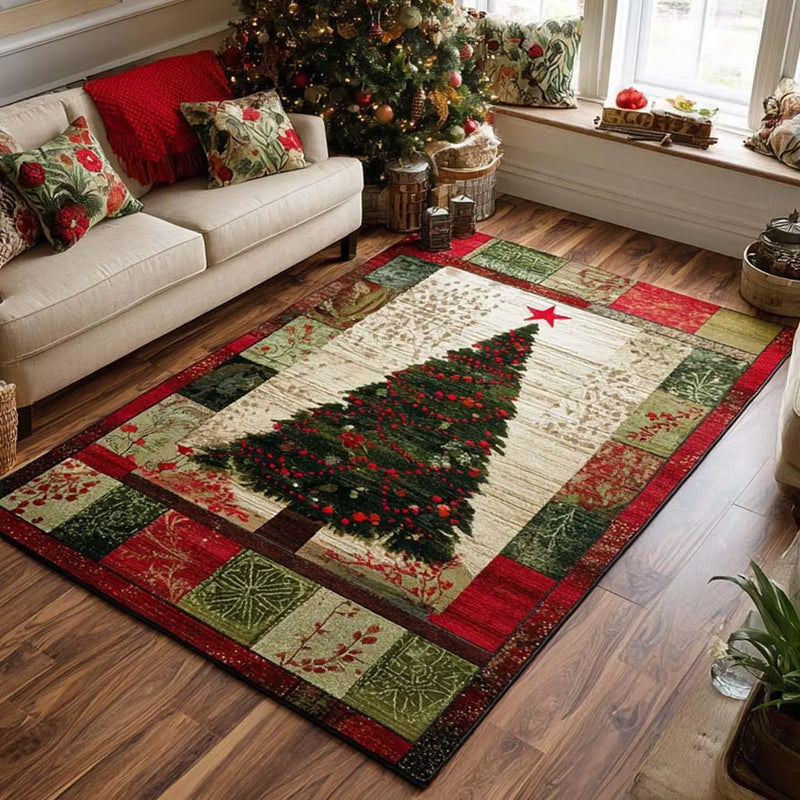 Holiday Patchwork Area Rug, Vintage Christmas Tree Area Rug, Festive Winter Living Room Rug, Non Slip Washable Floor Rug, Seasonal Home Rug