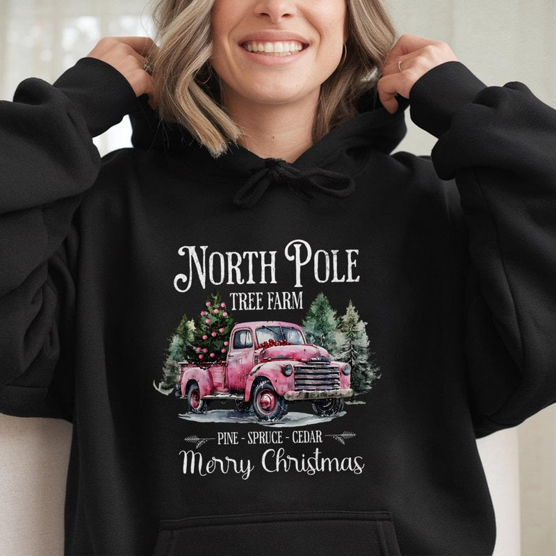 Retro Pink Christmas Truck Sweatshirt, North Pole Tree Farm Hoodie, Festive Farmhouse Holiday Pullover, Comfy Xmas Winter Sweater