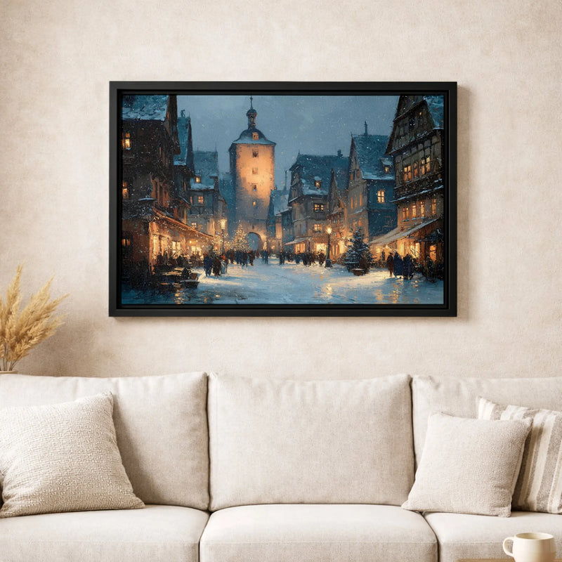 Snowy European Town Night Scene Print, Winter Village Canvas Wall Art, Comfy Christmas Holiday Canvas Decor, Rustic Winter Wonderland