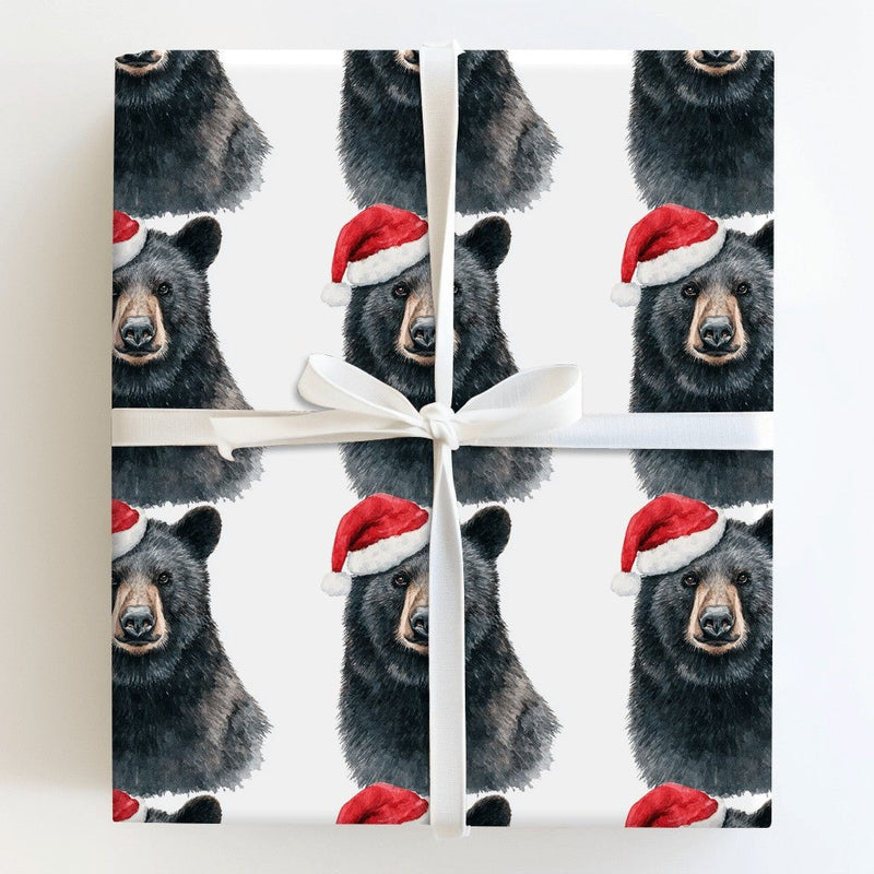 Woodland Animal Gift Wrap, Santa Hat Black Bear Christmas Wrapping Paper, Rustic Bear Holiday Wrapping Paper, Festive Winter Wildlife Paper