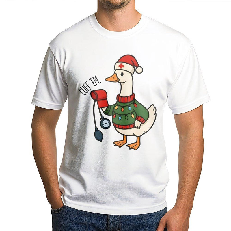 Humorous Medical Staff Holiday Shirt, Cuff Em Goose Nurse Christmas T-Shirt, Adorable ER Nurse Xmas Graphic Tee, Healthcare Worker Present Shirt