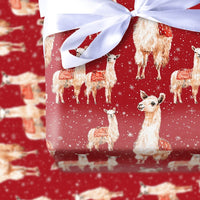 Watercolor Holiday Gift Wrap, Red Christmas Llama Wrapping Paper, Snowy Winter Present Paper, Adorable Animal Wrapping Paper