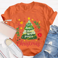 Joy Hope Love Peace Holiday Graphic Tee, Christmas Tree T-Shirt, Retro Xmas Tree Shirt, Festive Holiday Apparel Present