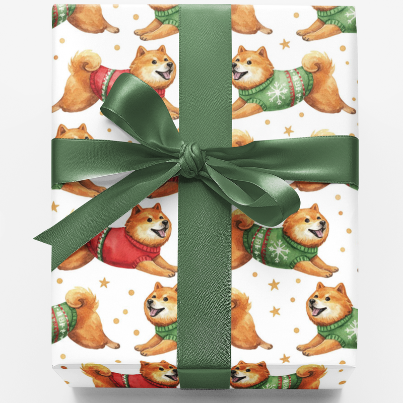 Running Dog Sweater Christmas Gift Wrap, Watercolor Shiba Inu Wrapping Paper, Puppy Holiday Wrapping Paper, Adorable Dog Lover Xmas Gift Wrap