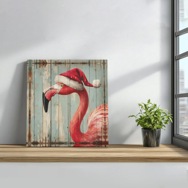 Rustic Wood Tropical Holiday Canvas Wall Art, Christmas Santa Hat Flamingo Canvas Art, Coastal Xmas Print, Pink Flamingo Love