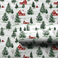 Pine Tree Christmas Gift Wrap, Watercolor Snowy Village Wrapping Paper, Winter Village Holiday Wrapping Paper, Rustic Xmas Gift Wrap Roll