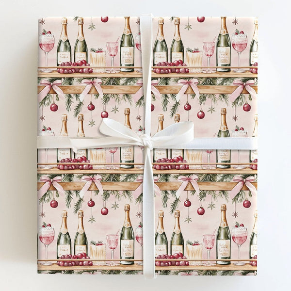 Feliz Navidad Champagne Gift Wrap, Christmas Bar Cart Wrapping Paper, Pink Holiday Cocktail Wrapping Paper, Festive Party Gif