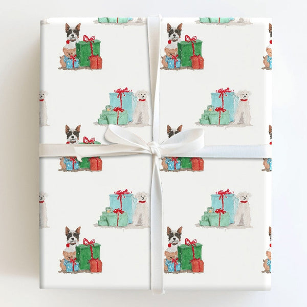 Adorable Puppy Christmas Wrapping Paper, Watercolor Dog Wrapping Paper, Pet Lover Holiday Wrapping Paper Roll, Festive Xmas P