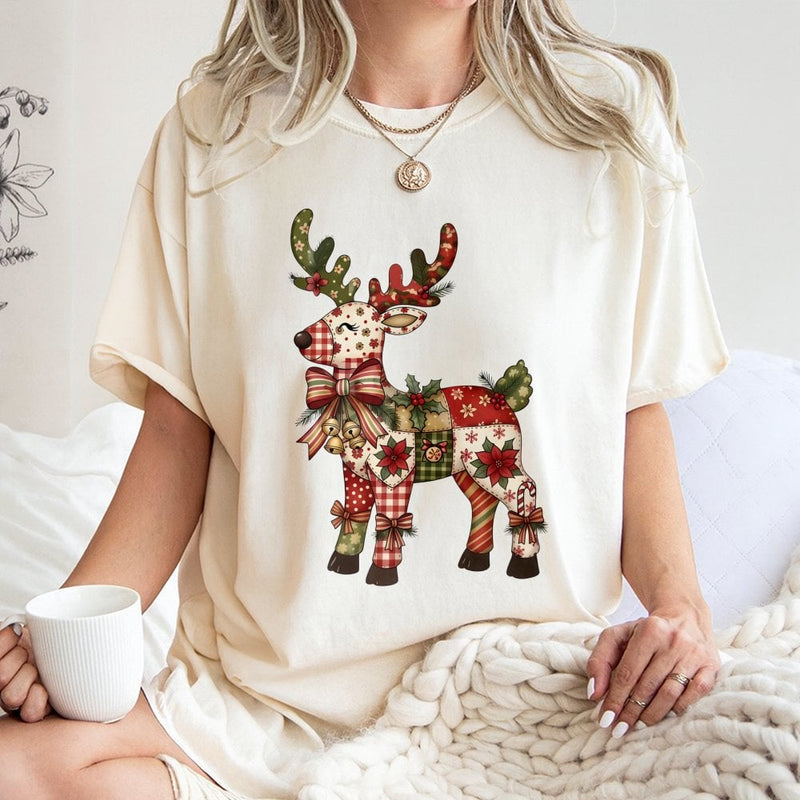 Patchwork Reindeer Shirt, Christmas Reindeer T-Shirt, Festive Holiday Graphic Tee, Adorable Reindeer T-Shirt, Xmas Family Present for Women