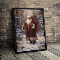 Snowy Forest Canvas Painting, Santa Claus Canvas Art, Christmas Wall Art, Vintage Santa Canvas Print, Winter Holiday Home Decor Present