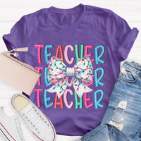Festive Holiday Coquette Bow Shirt, Christmas Teacher Bow T-Shirt, Adorable Christmas Teacher Graphic Tee, Merry Xmas Educator Top