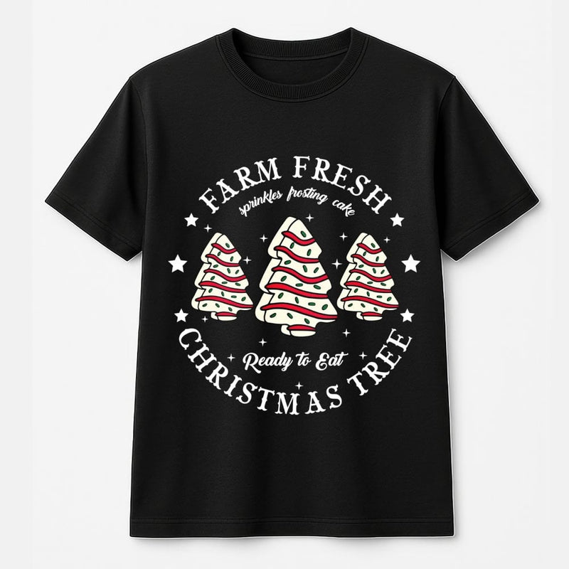 Festive Dessert Tree Graphic Tee, Farm Fresh Christmas Cake T-Shirt, Adorable Holiday Bakery Foodie Shirt, Tis the Season Baking Graphic Top