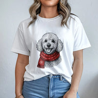 Festive Winter Snowflake Scarf Dog T-Shirt, Poodle Christmas Shirt, Adorable Holiday Puppy Graphic Tee, Christmas Dog Lover Shirt, Xmas Pet Present