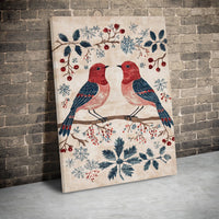Red Berry Snowflake Canvas Print, Winter Birds Canvas Wall Art, Folk Art Christmas Wall Canvas, Holiday Farmhouse Seasonal Home Decor Present