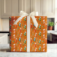 Watercolor Greenery Wrapping Paper, Christmas Stocking Wrapping Paper, Orange Holiday Gift Wrap, Festive Winter Present Wrapping Paper Roll