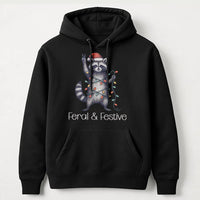 Humorous Christmas Animal Graphic Sweatshirt, Feral and Festive Raccoon Hoodie, Adorable Trash Panda Holiday Pullover, Retro Xmas Hoodie