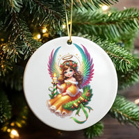 Rainbow Wings Holiday Angel Tree Ornament, Christmas Angel Ceramic Ornament, Adorable Celestial Keepsake, Festive Xmas Tree Circle Ornament