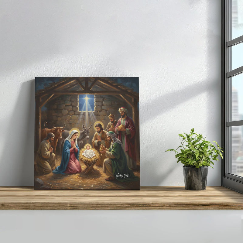 Christian Manger Christmas Canvas Print, Nativity Holy Family Square Canvas, Religious Scripture Wall Art, Stretched Canvas Holiday Decor