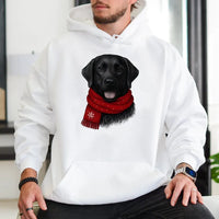 Adorable Dog Red Scarf Hoodie, Black Labrador Christmas Hoodie, Festive Pet Lover Sweatshirt, Black Lab Hooded Sweatshirt, Winter Dog Mom Present