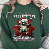Humorous Naughty List Raccoon Pullover, Raccoon Christmas Sweatshirt, Adorable Trash Panda Crewneck, Retro Holiday Animal Present Raccoon Sweatshirt