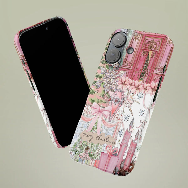 iPhone Tough Phone Cover, Pink Christmas Phone Case, Watercolor Holiday Tree Phone Case, Coquette Christmas Bow Phone Case Xm