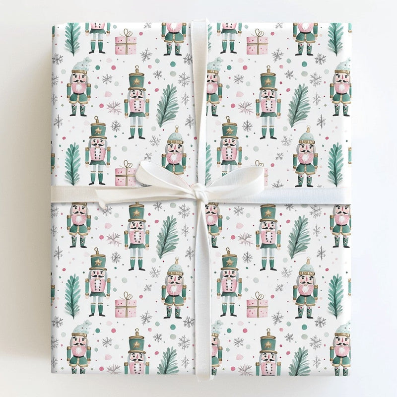 Pink and Teal Christmas Gift Wrap, Watercolor Nutcracker Wrapping Paper, Whimsical Holiday Soldier Wrapping Paper, Winter Wrapping Paper