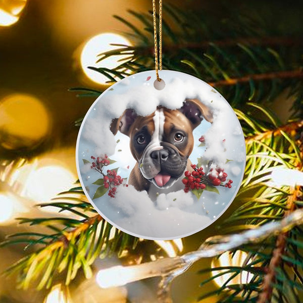 Adorable Puppy in Snow Ornament, Boxer Dog Christmas Ornament, Ceramic Boxer Tree Ornament, Winter Dog Lover Keepsake, Holida